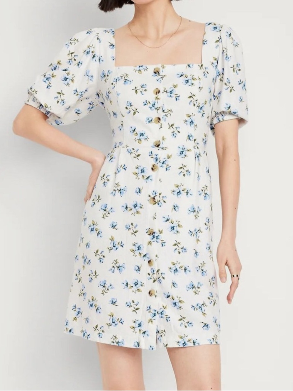 White Floral Puff Sleeve Mini Dress - Blue & Yellow Flowers